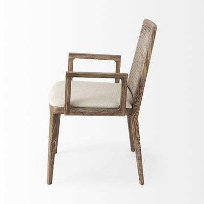 Light Brown Wood Cream Fabric Seat And Cane Back Dining Chair