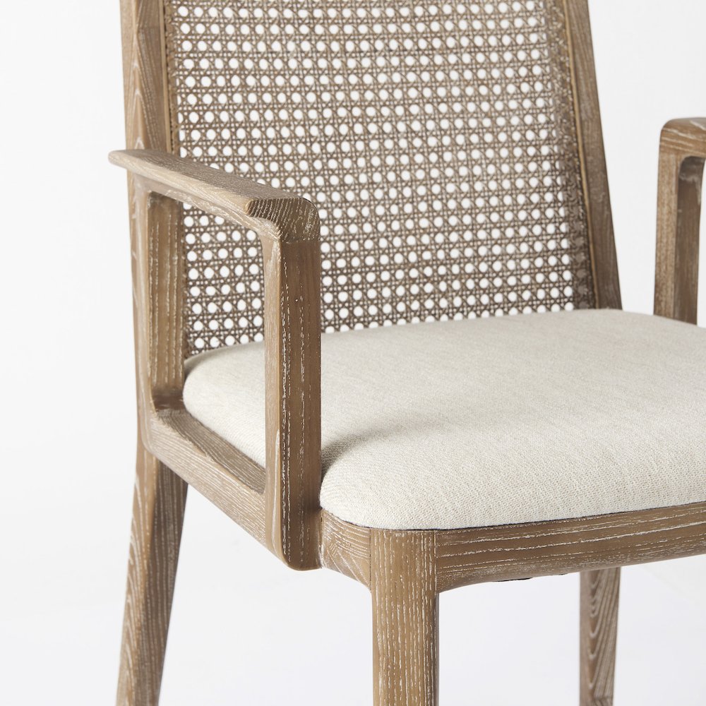 Light Brown Wood Cream Fabric Seat And Cane Back Dining Chair