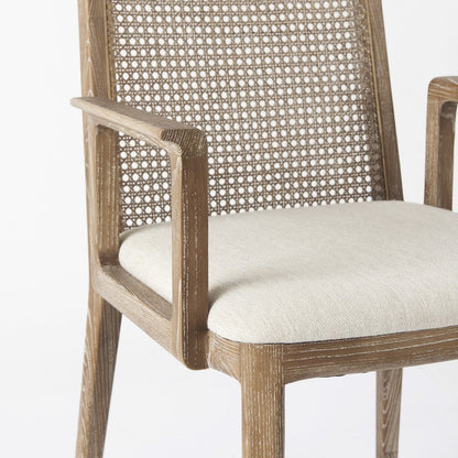Light Brown Wood Cream Fabric Seat And Cane Back Dining Chair