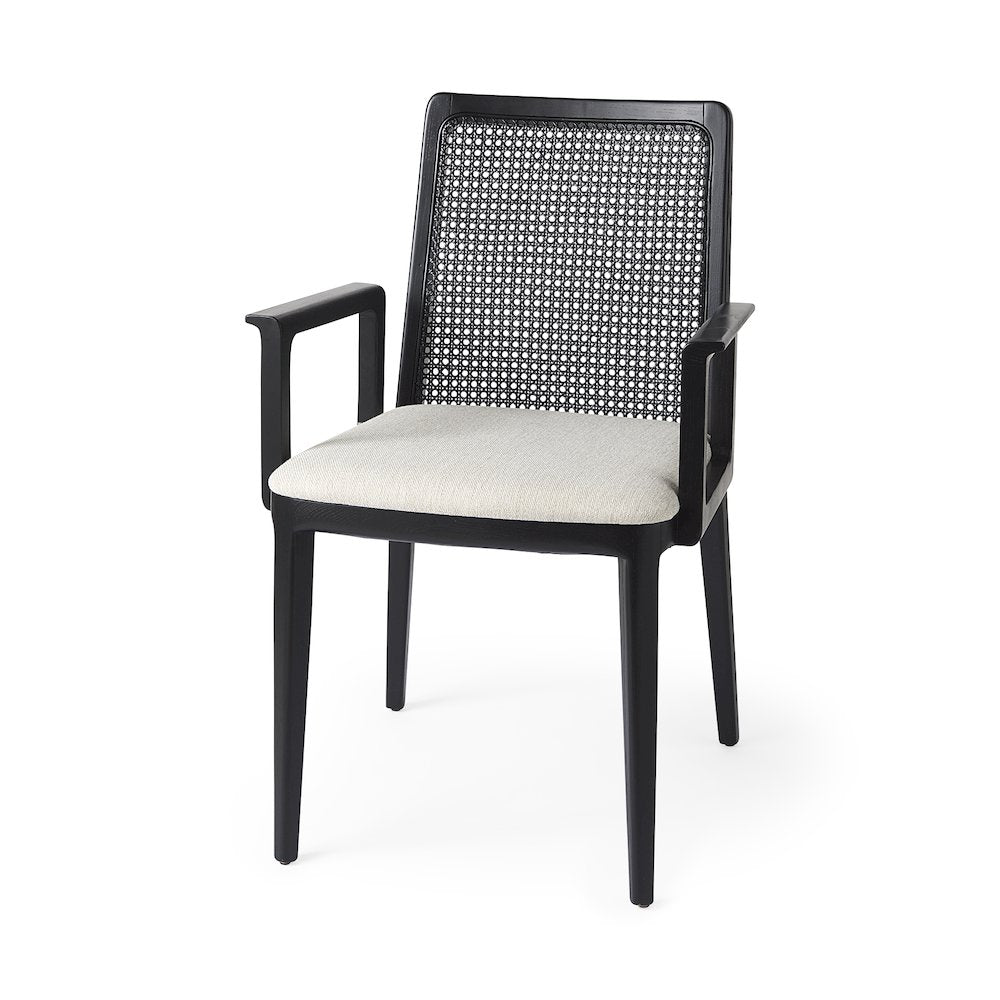 Black Wood Cream Fabric Seat And Cane Back Dining Chair