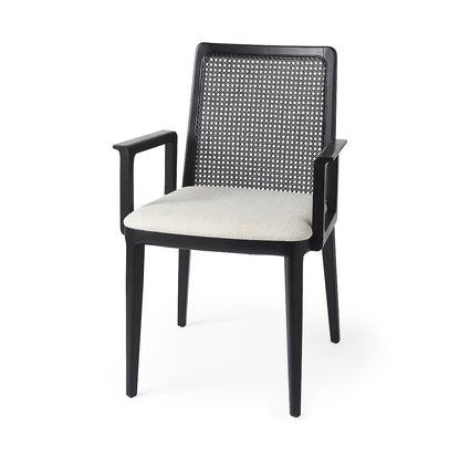 Black Wood Cream Fabric Seat And Cane Back Dining Chair