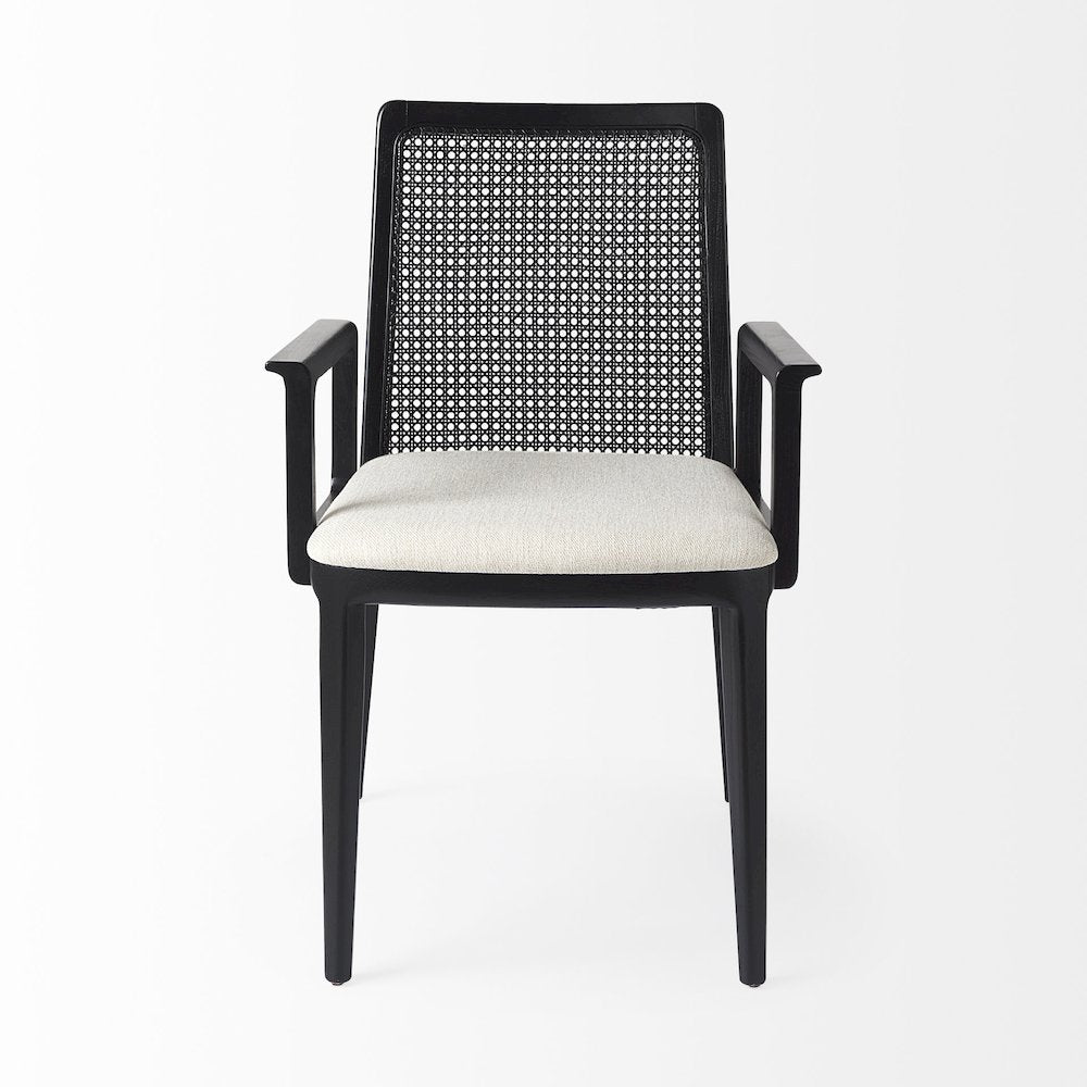 Black Wood Cream Fabric Seat And Cane Back Dining Chair