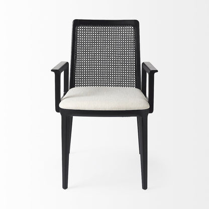 Black Wood Cream Fabric Seat And Cane Back Dining Chair