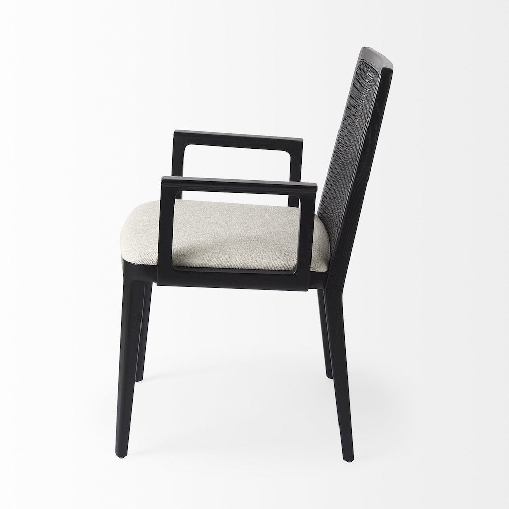 Black Wood Cream Fabric Seat And Cane Back Dining Chair