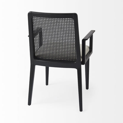 Black Wood Cream Fabric Seat And Cane Back Dining Chair