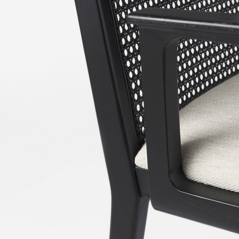 Black Wood Cream Fabric Seat And Cane Back Dining Chair