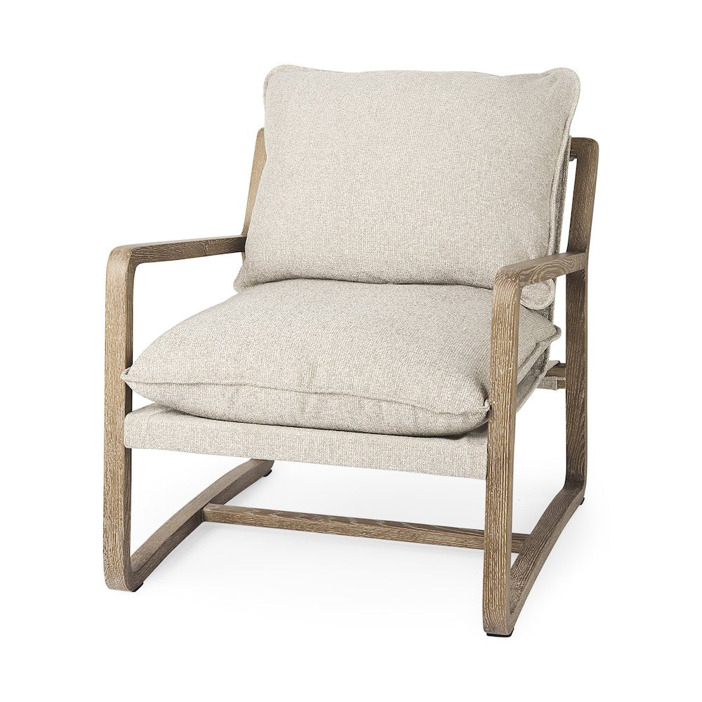 Light Brown Wood Beige Fabric Seat Accent Chair