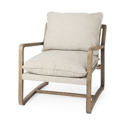 Light Brown Wood Beige Fabric Seat Accent Chair