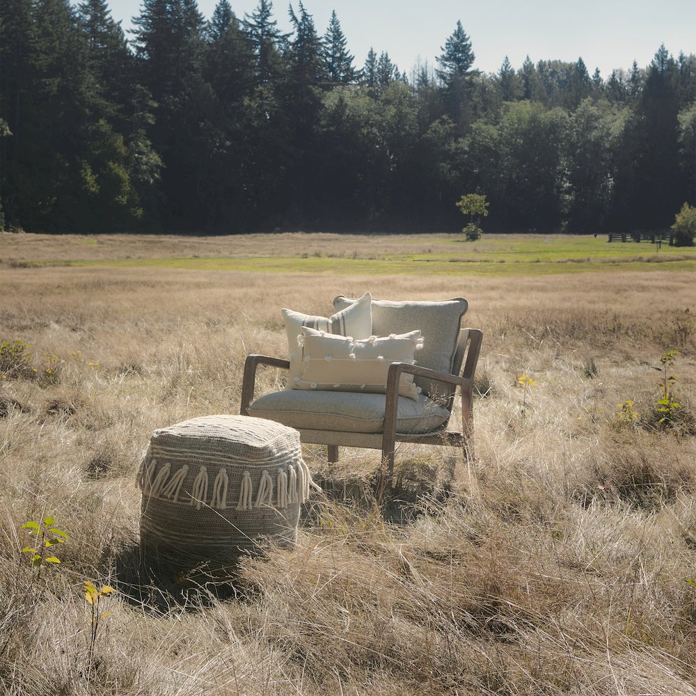 Light Brown Wood Beige Fabric Seat Accent Chair