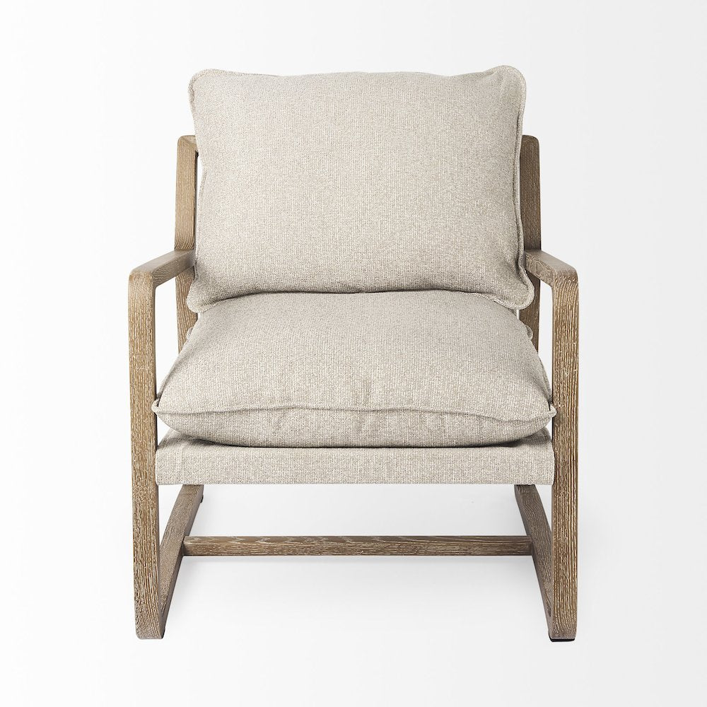 Light Brown Wood Beige Fabric Seat Accent Chair