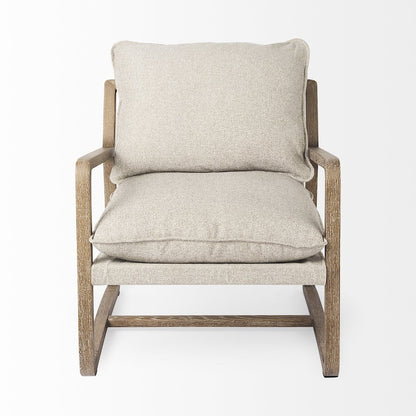 Light Brown Wood Beige Fabric Seat Accent Chair
