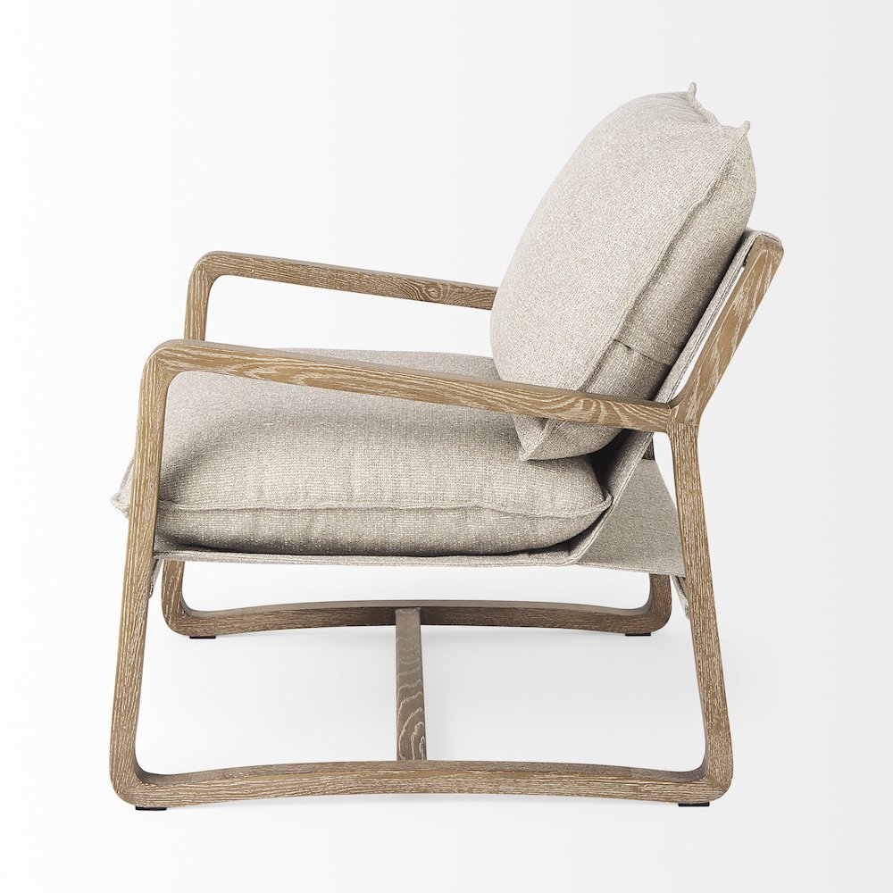 Light Brown Wood Beige Fabric Seat Accent Chair
