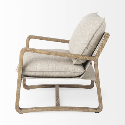 Light Brown Wood Beige Fabric Seat Accent Chair