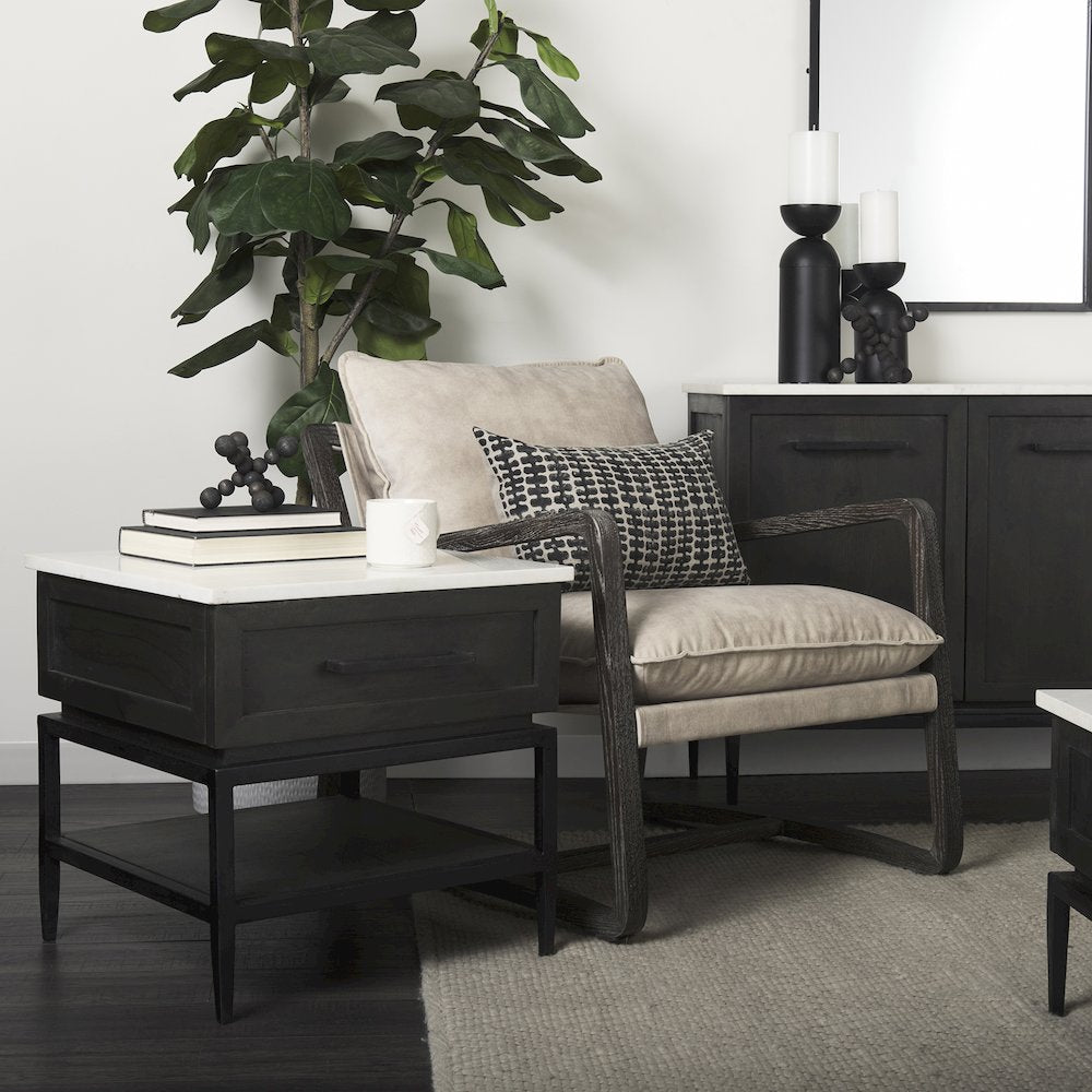 Dark Brown Wood Cream Fabric Seat Accent Chair