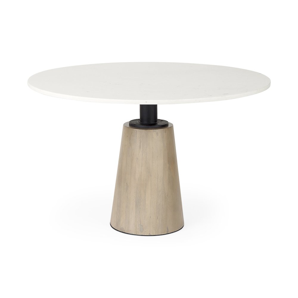 Maxwell White Marble Round Top Black Metal and Wood Pedestal Base Dining Table