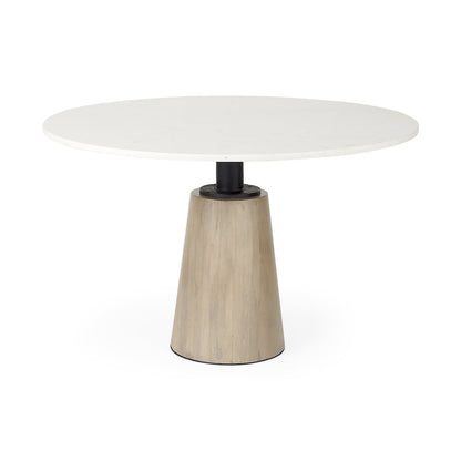 Maxwell White Marble Round Top Black Metal and Wood Pedestal Base Dining Table