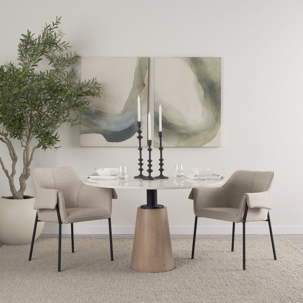 Maxwell White Marble Round Top Black Metal and Wood Pedestal Base Dining Table