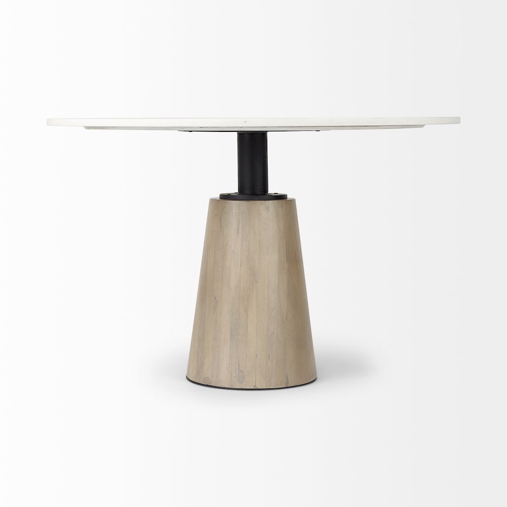 Maxwell White Marble Round Top Black Metal and Wood Pedestal Base Dining Table
