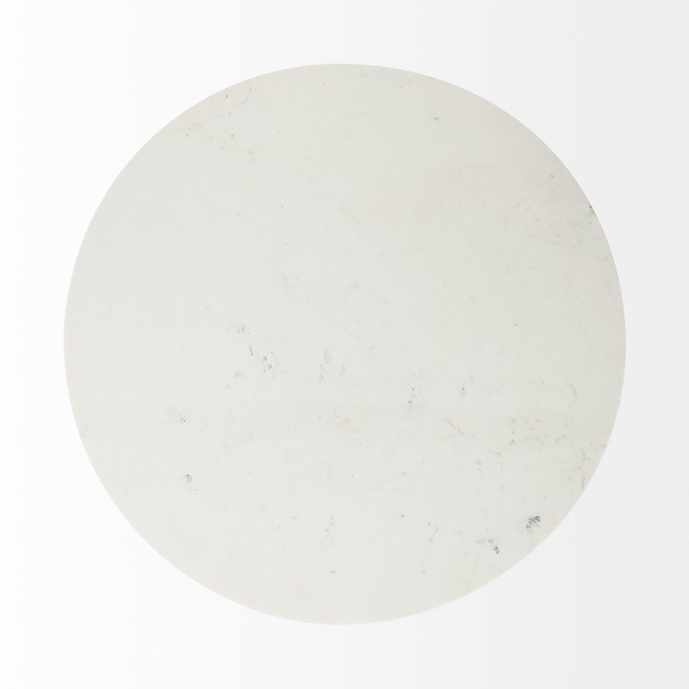 Maxwell White Marble Round Top Black Metal and Wood Pedestal Base Dining Table