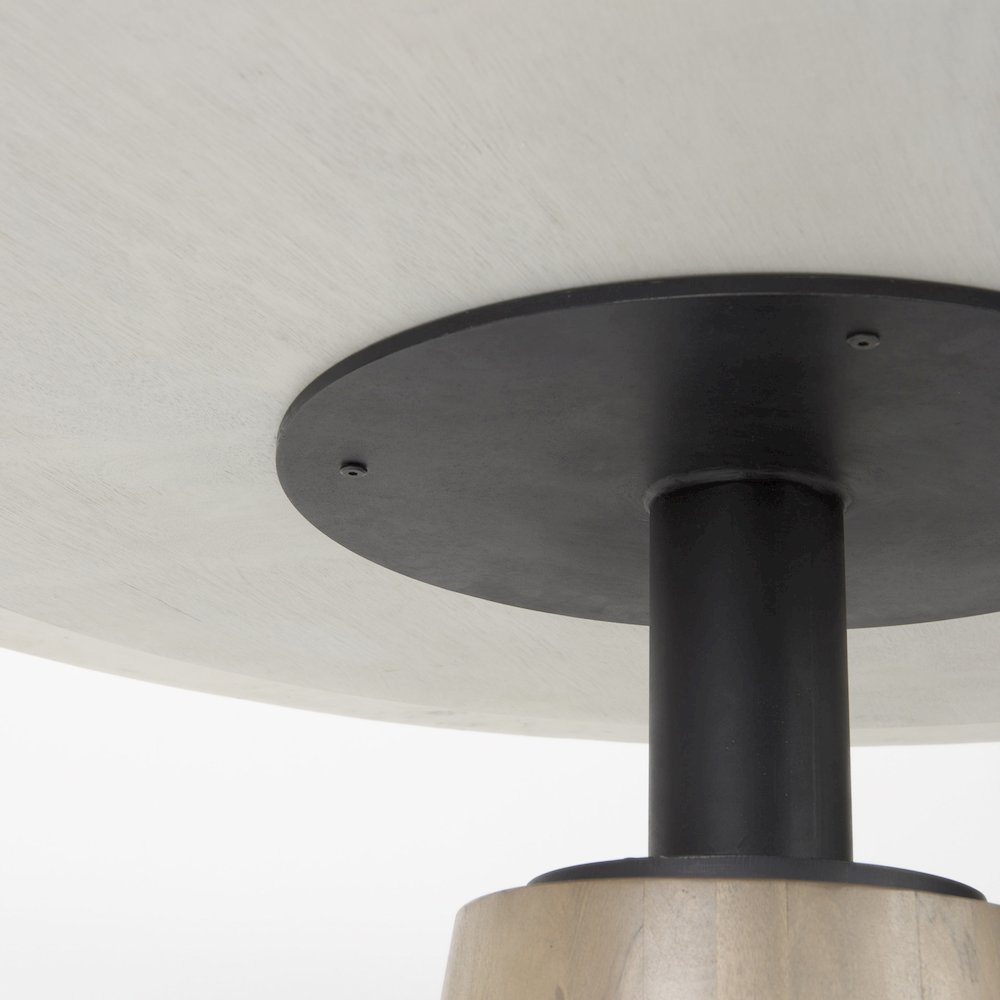 Maxwell White Marble Round Top Black Metal and Wood Pedestal Base Dining Table