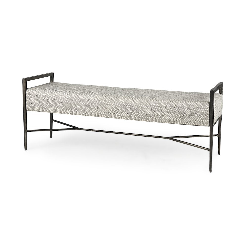 55.0L Gray Herringbone Fabric Seat Antique Nickel Metal Frame Bench