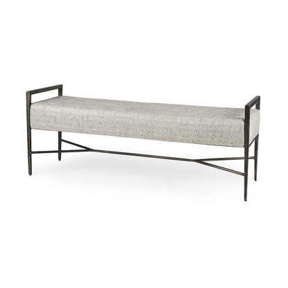 55.0L Gray Herringbone Fabric Seat Antique Nickel Metal Frame Bench