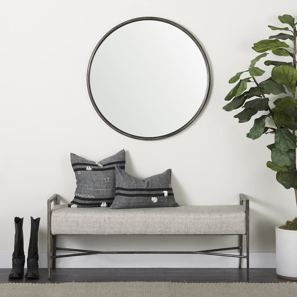 55.0L Gray Herringbone Fabric Seat Antique Nickel Metal Frame Bench