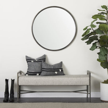 55.0L Gray Herringbone Fabric Seat Antique Nickel Metal Frame Bench