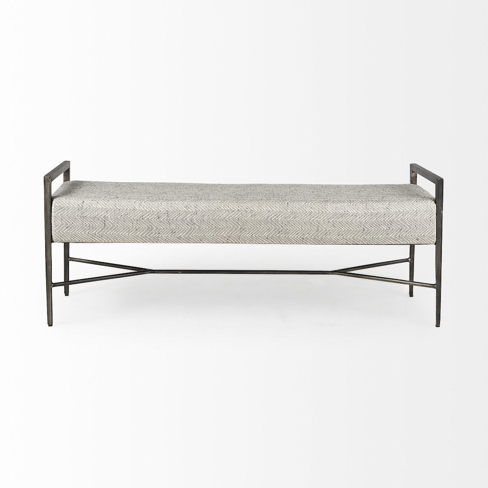 55.0L Gray Herringbone Fabric Seat Antique Nickel Metal Frame Bench
