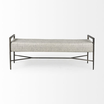 55.0L Gray Herringbone Fabric Seat Antique Nickel Metal Frame Bench
