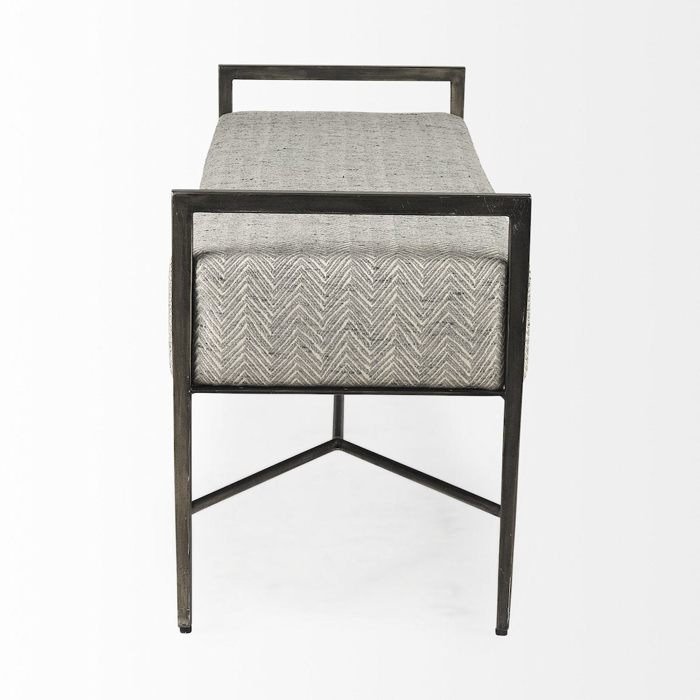 55.0L Gray Herringbone Fabric Seat Antique Nickel Metal Frame Bench