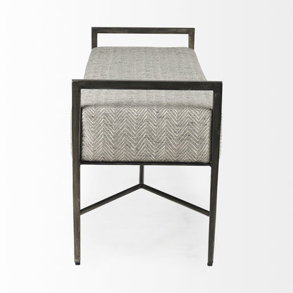 55.0L Gray Herringbone Fabric Seat Antique Nickel Metal Frame Bench