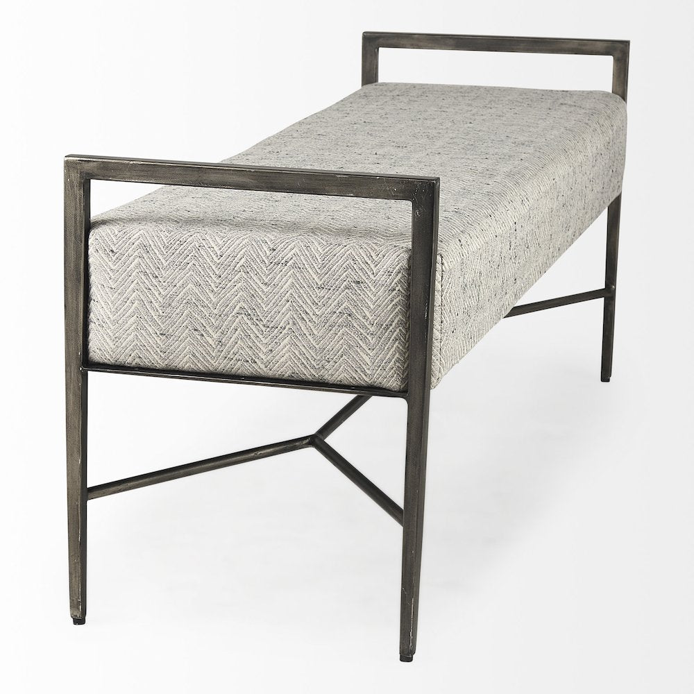 55.0L Gray Herringbone Fabric Seat Antique Nickel Metal Frame Bench