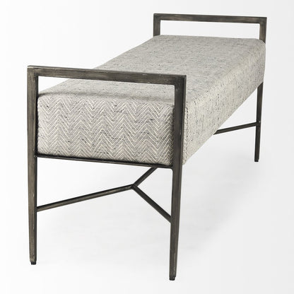 55.0L Gray Herringbone Fabric Seat Antique Nickel Metal Frame Bench