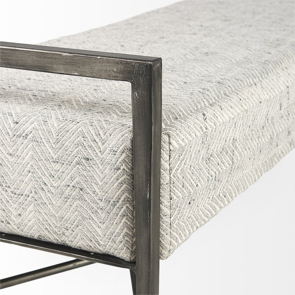 55.0L Gray Herringbone Fabric Seat Antique Nickel Metal Frame Bench