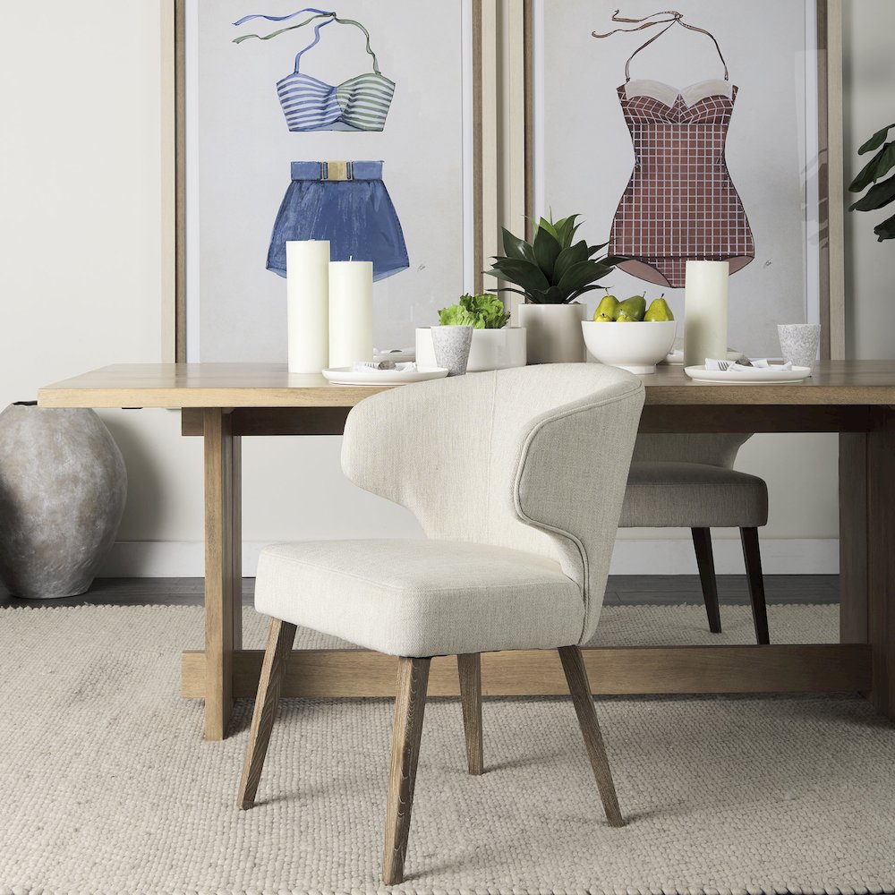 Cream Fabric Seat Medium Brown Wooden Legs Wingback Dining Chair