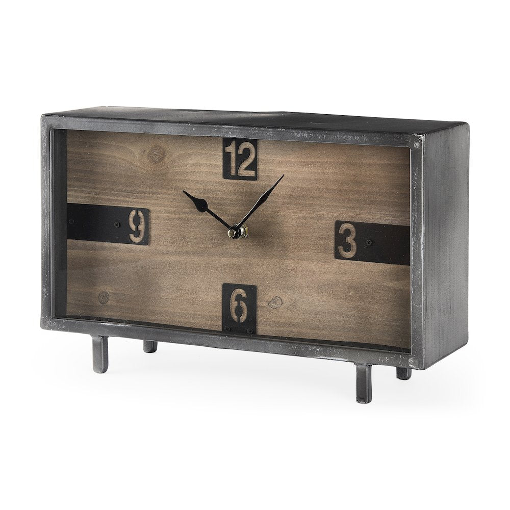 Harvey 13.0L x 4.5W x 8.1H Black Metal and Wood Rectangular Table Clock
