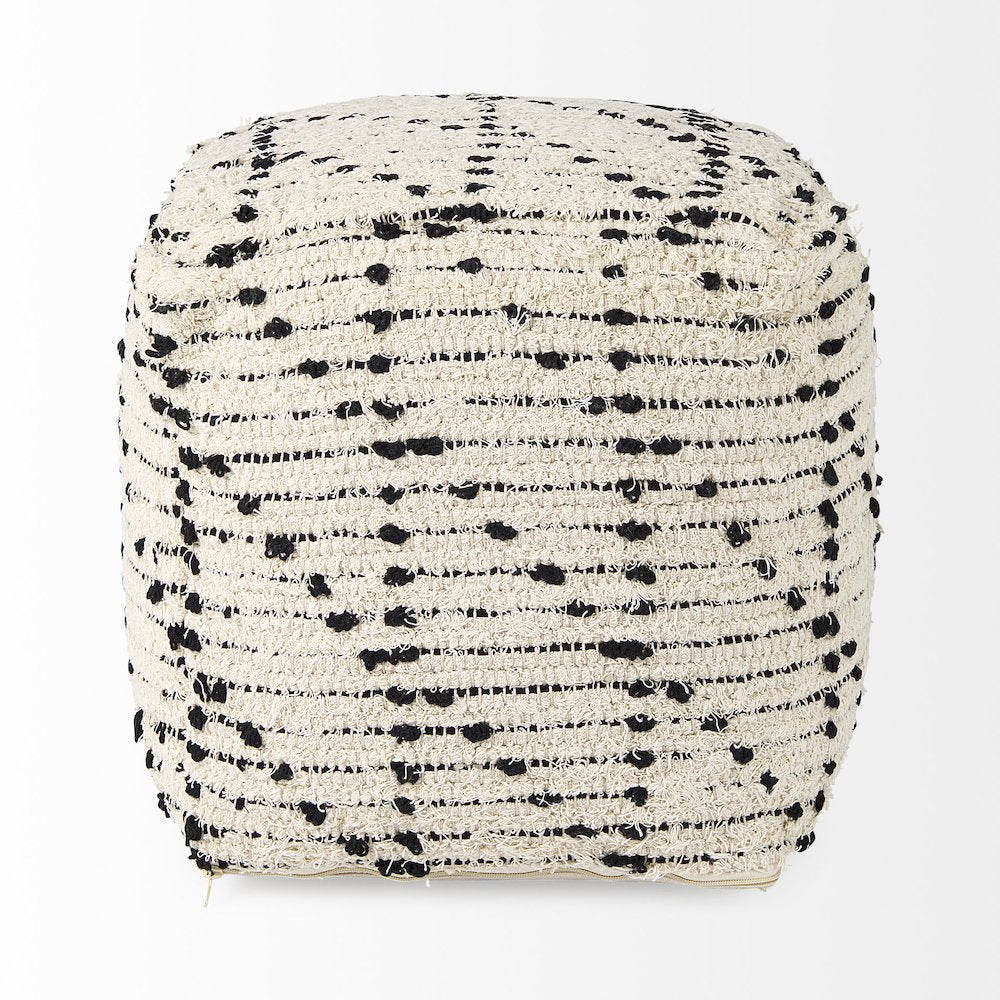 Aaroh16.0L x 16.0W x 16.0H Cream/Black Cotton Patterned Pouf