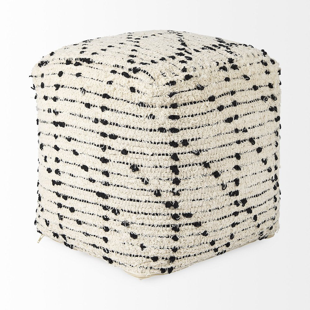 Aaroh16.0L x 16.0W x 16.0H Cream/Black Cotton Patterned Pouf