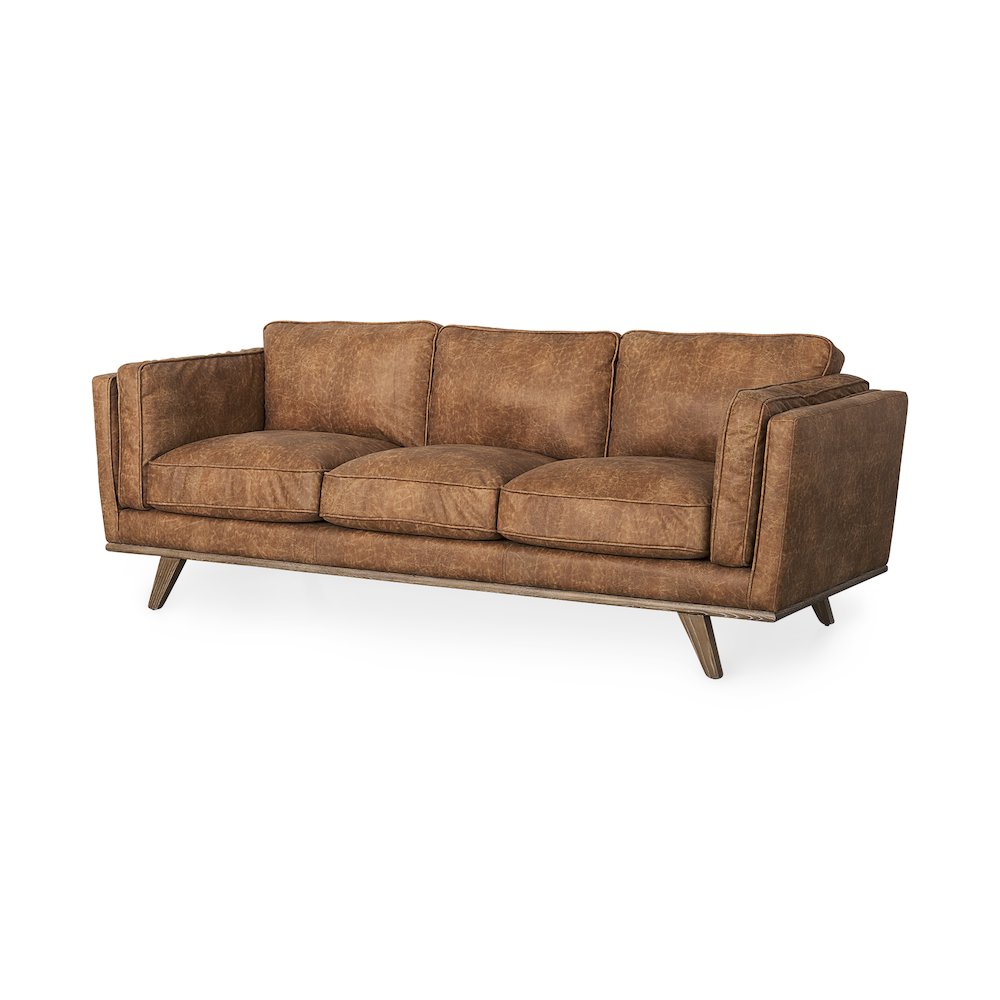 Cognac Brown Faux Leather Three Seater Sofa Medium Brown Wooden Legs