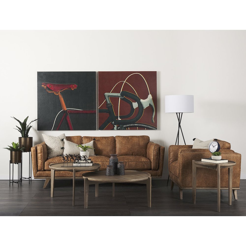 Cognac Brown Faux Leather Three Seater Sofa Medium Brown Wooden Legs