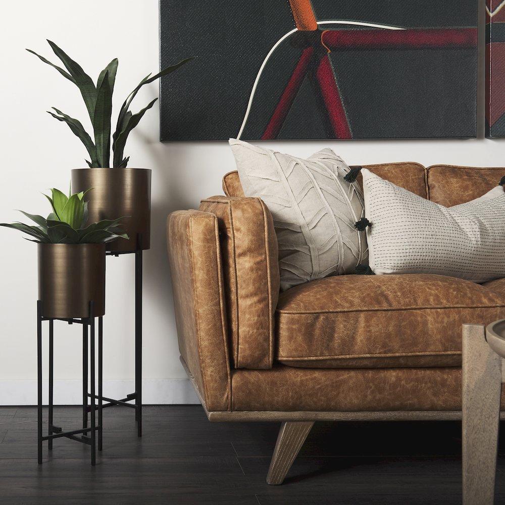 Cognac Brown Faux Leather Three Seater Sofa Medium Brown Wooden Legs