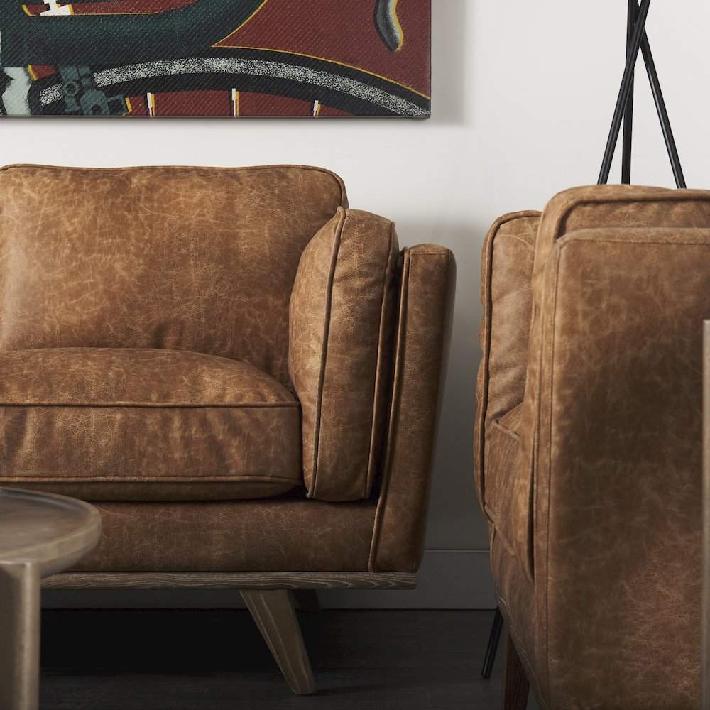 Cognac Brown Faux Leather Three Seater Sofa Medium Brown Wooden Legs