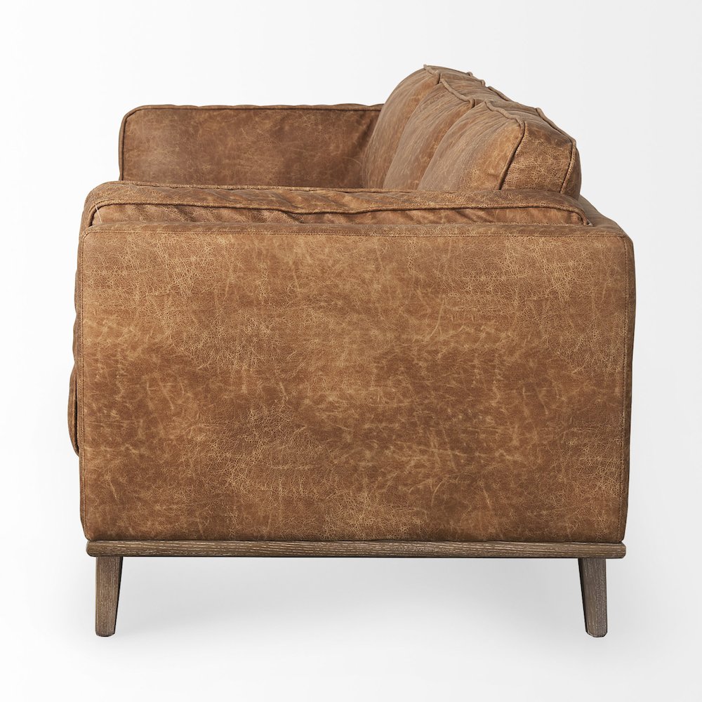 Cognac Brown Faux Leather Three Seater Sofa Medium Brown Wooden Legs