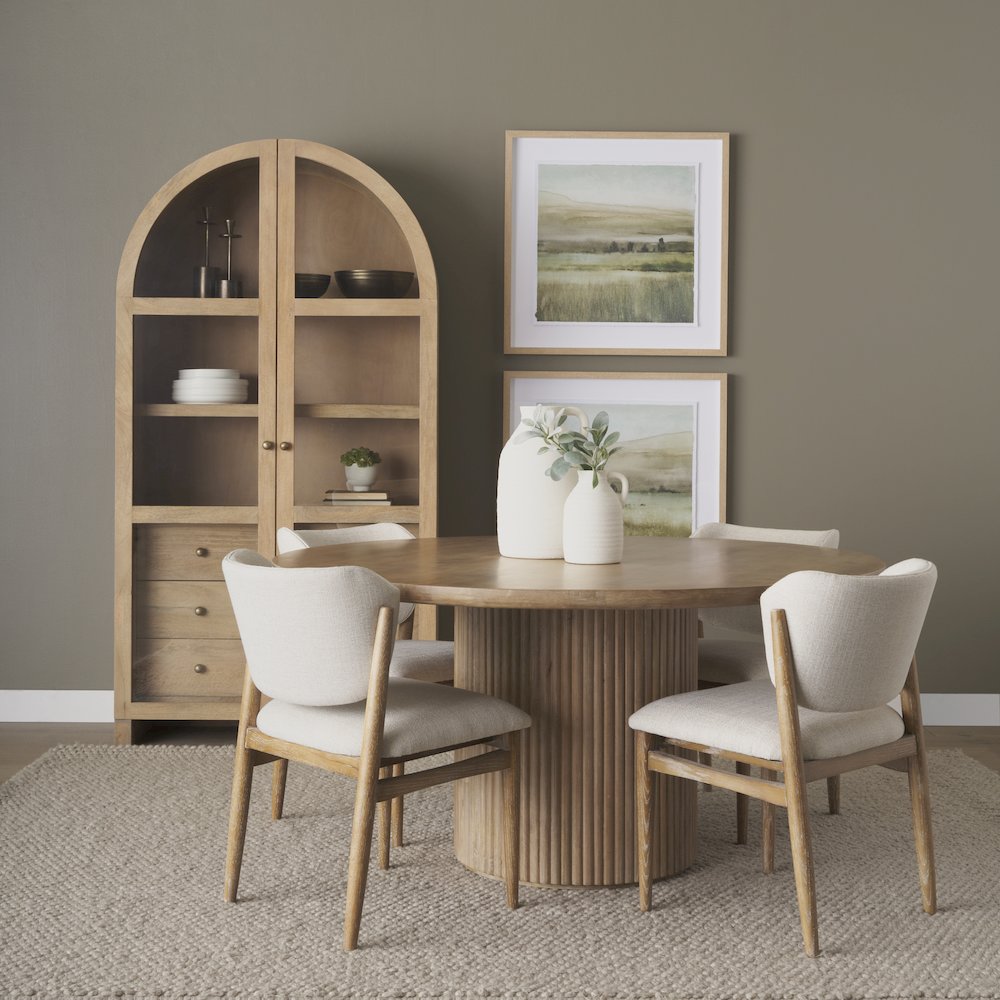 Cream Fabric Upholstered And Light Brown Wood Dining Chair