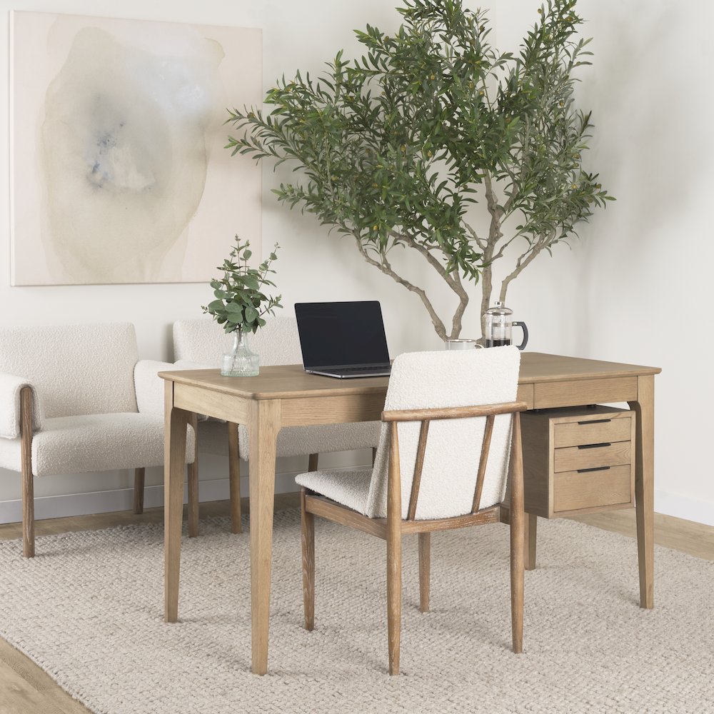 Cream Boucle Upholstered Seatlight Brown Wood Frame Dining Chair