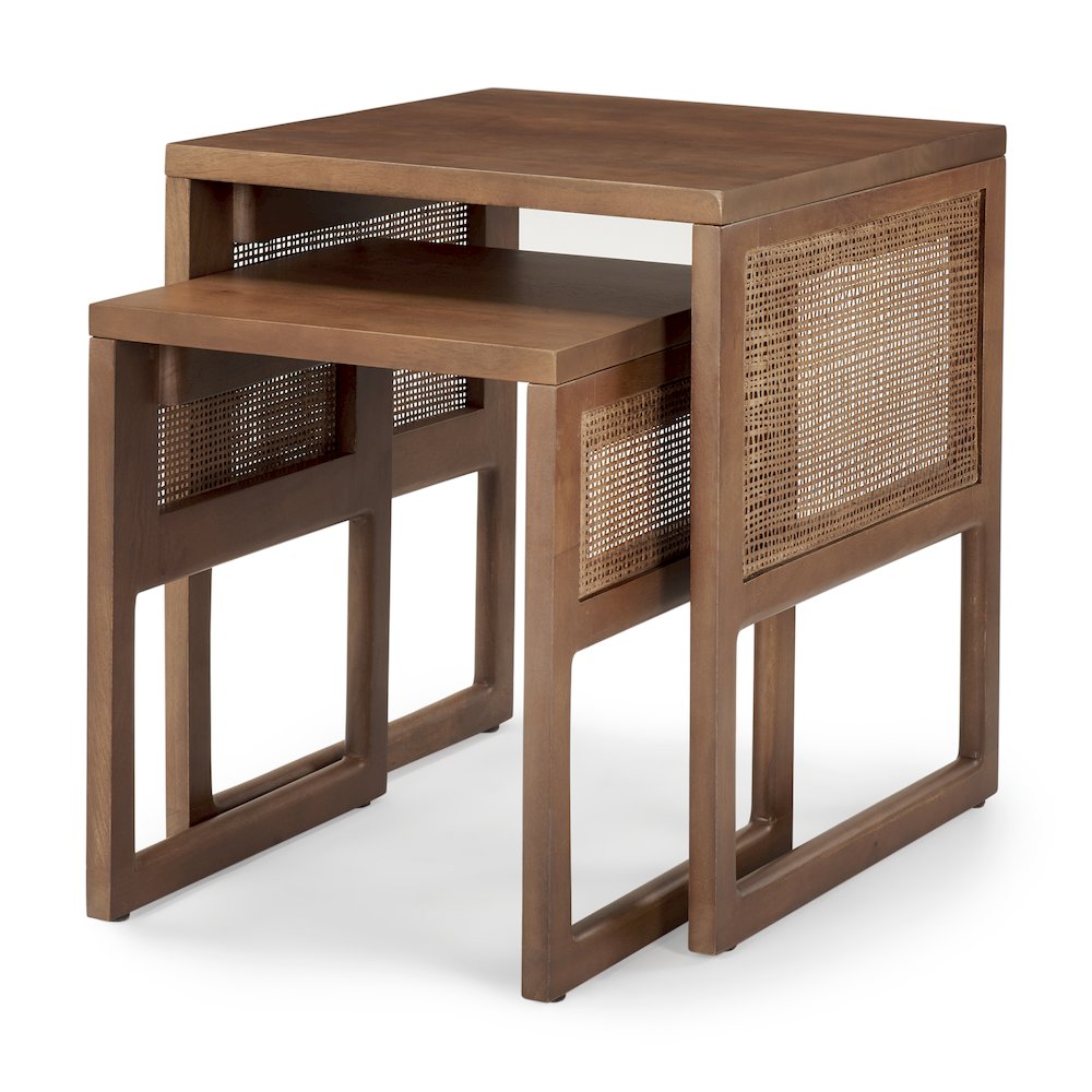 Set Of 2 Medium Brown Solid Wood Cane Nesting Accent Tables