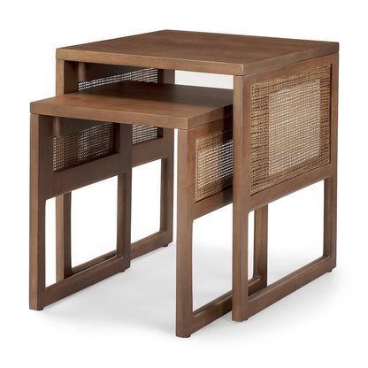 Set Of 2 Medium Brown Solid Wood Cane Nesting Accent Tables
