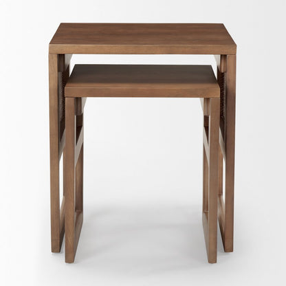 Set Of 2 Medium Brown Solid Wood Cane Nesting Accent Tables