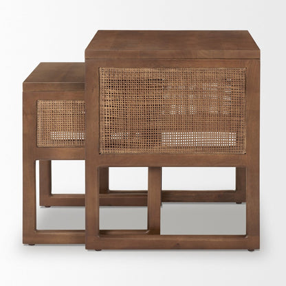 Set Of 2 Medium Brown Solid Wood Cane Nesting Accent Tables